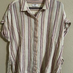 UNTUCKit Cream Button-Down Shirt with Purple & Rust Stripes Summer Linen Viscose